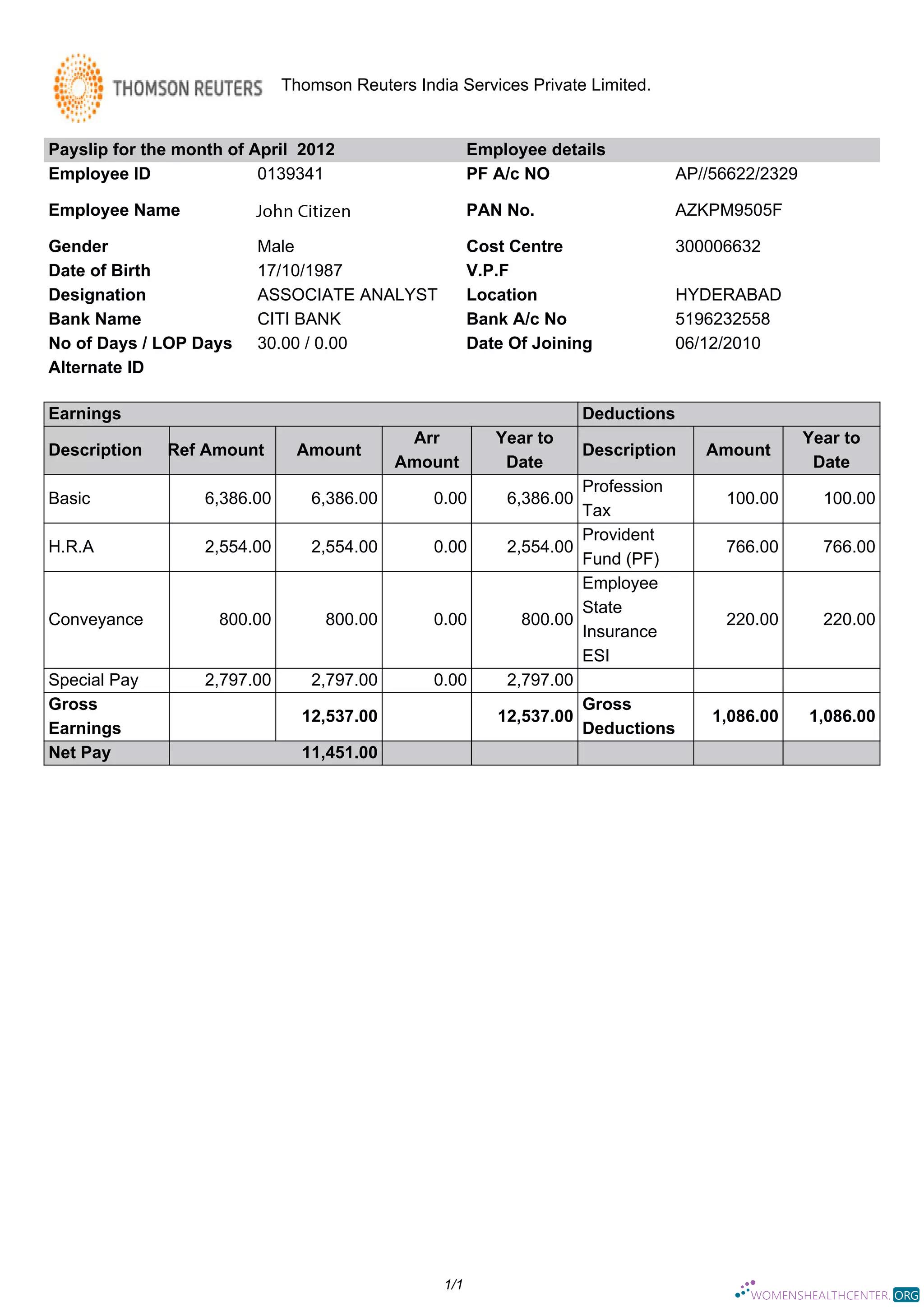 INDIA THOMSON Reuters India Services Private Limited payslip template in Word and PDF formats
